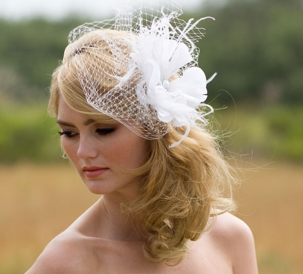 Wedding Fascinators With Veil
 Floral Hair Accessory Ivory Bridal Veil Feather Fascinator