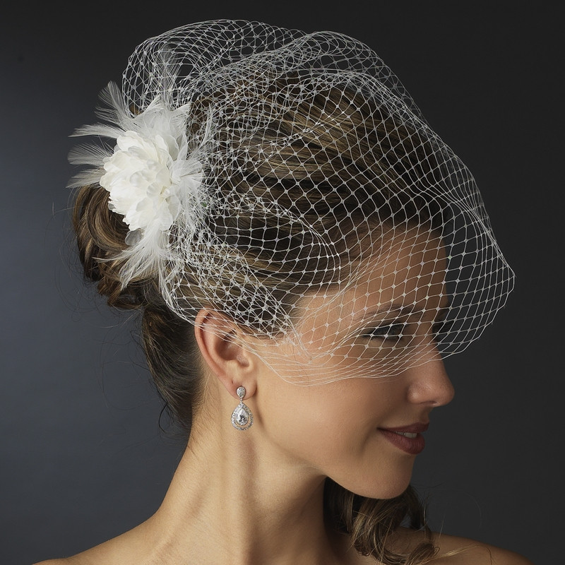 Wedding Fascinators With Veil
 Feather Flower Fascinator with Cage Veil HP 7795