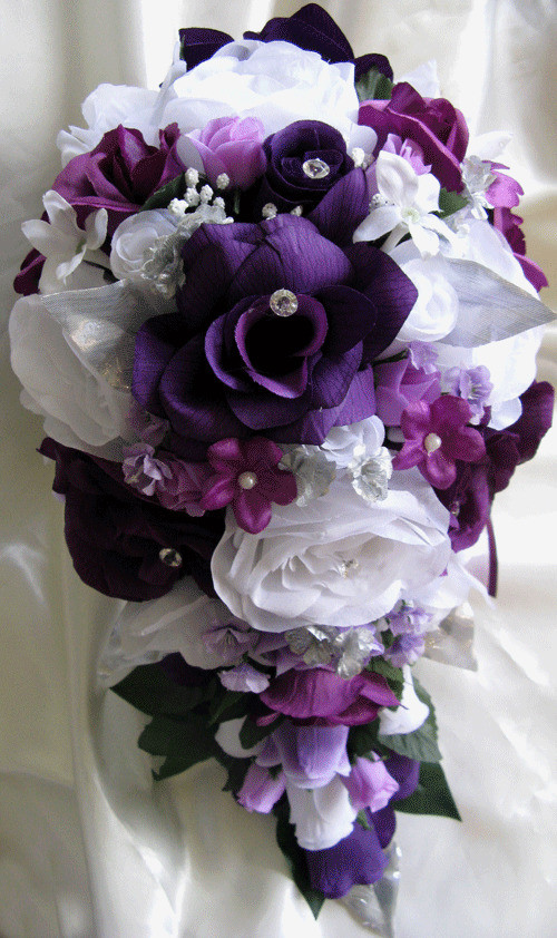 Wedding Flowers Purple
 17 pcs Wedding Bouquet Bridal Silk flowers PLUM PURPLE