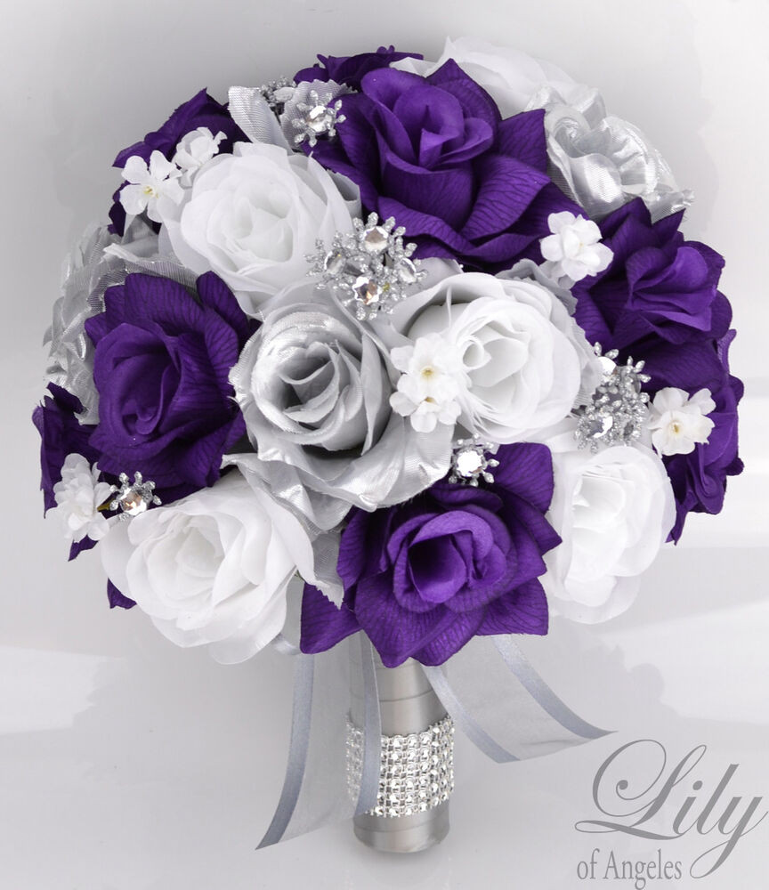 Wedding Flowers Purple
 17 Piece Package Silk Flower Wedding Bridal Bouquets Sets