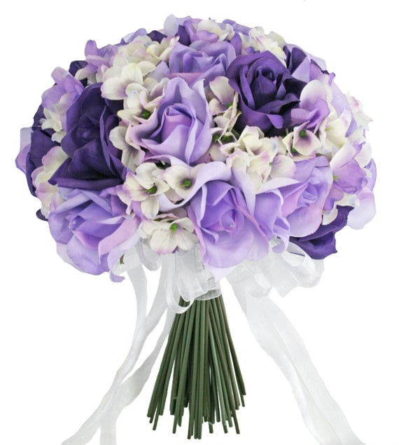 Wedding Flowers Purple
 Hydrangea Rose Purple Lavender Hand Tie Silk Bridal