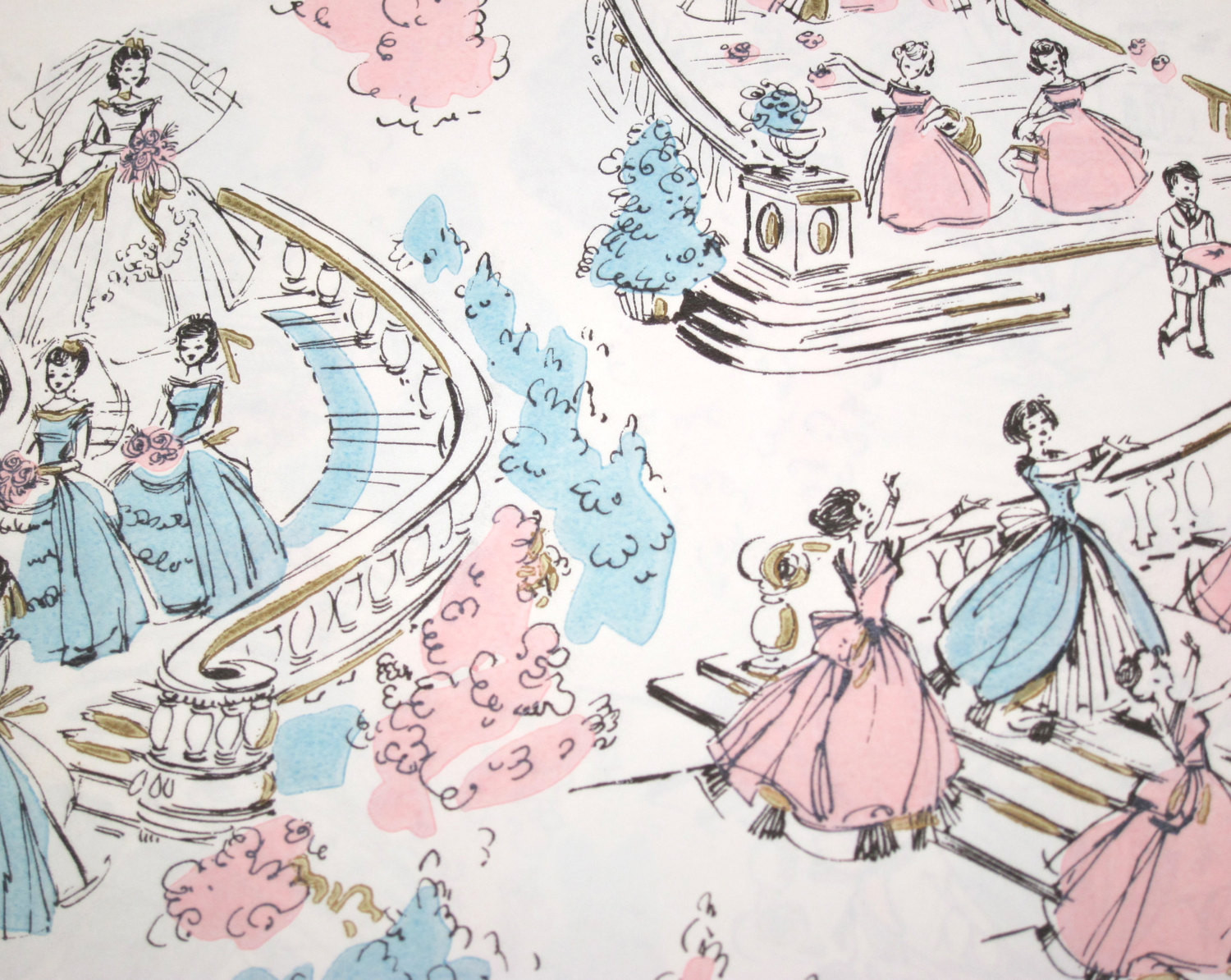 Wedding Gift Wrapping Paper
 Vintage Gift Wrap 1960s Wedding Wrapping Paper Pink Blue