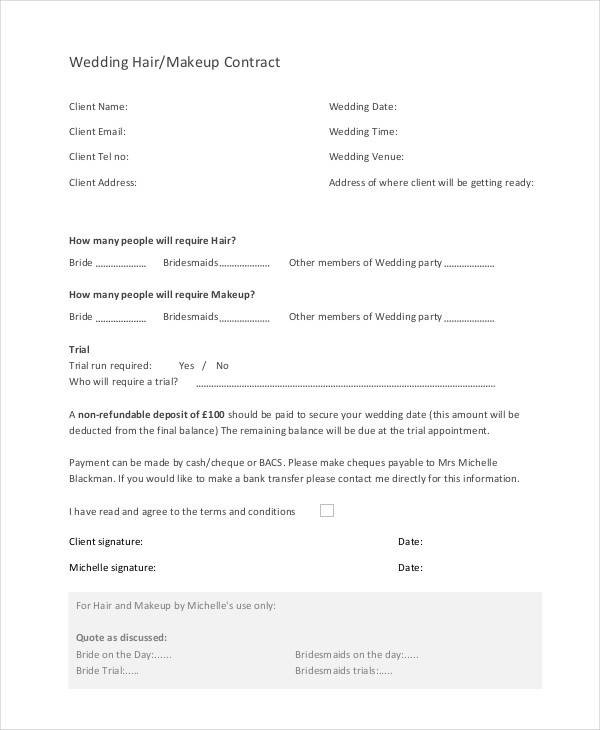 Wedding Makeup Contract
 9 Wedding Contract Samples PDF Word Google Docs