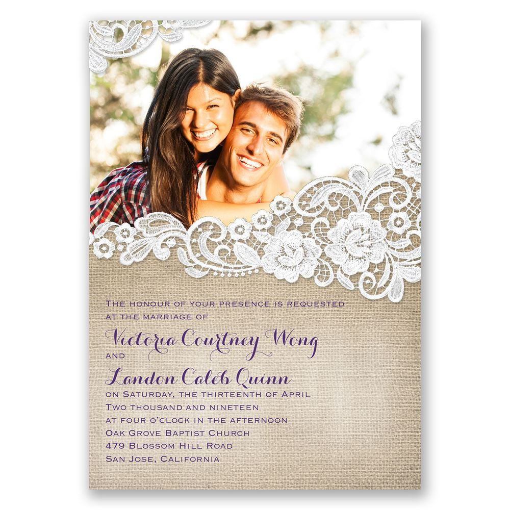 Wedding Photo Invitations
 Burlap and Lace Frame Invitation with Free Response