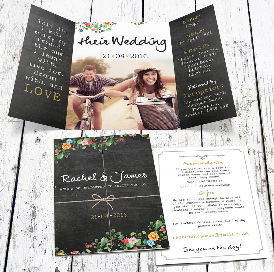 Wedding Photo Invitations
 bespoke floral chalkboard wedding invitation with photo by