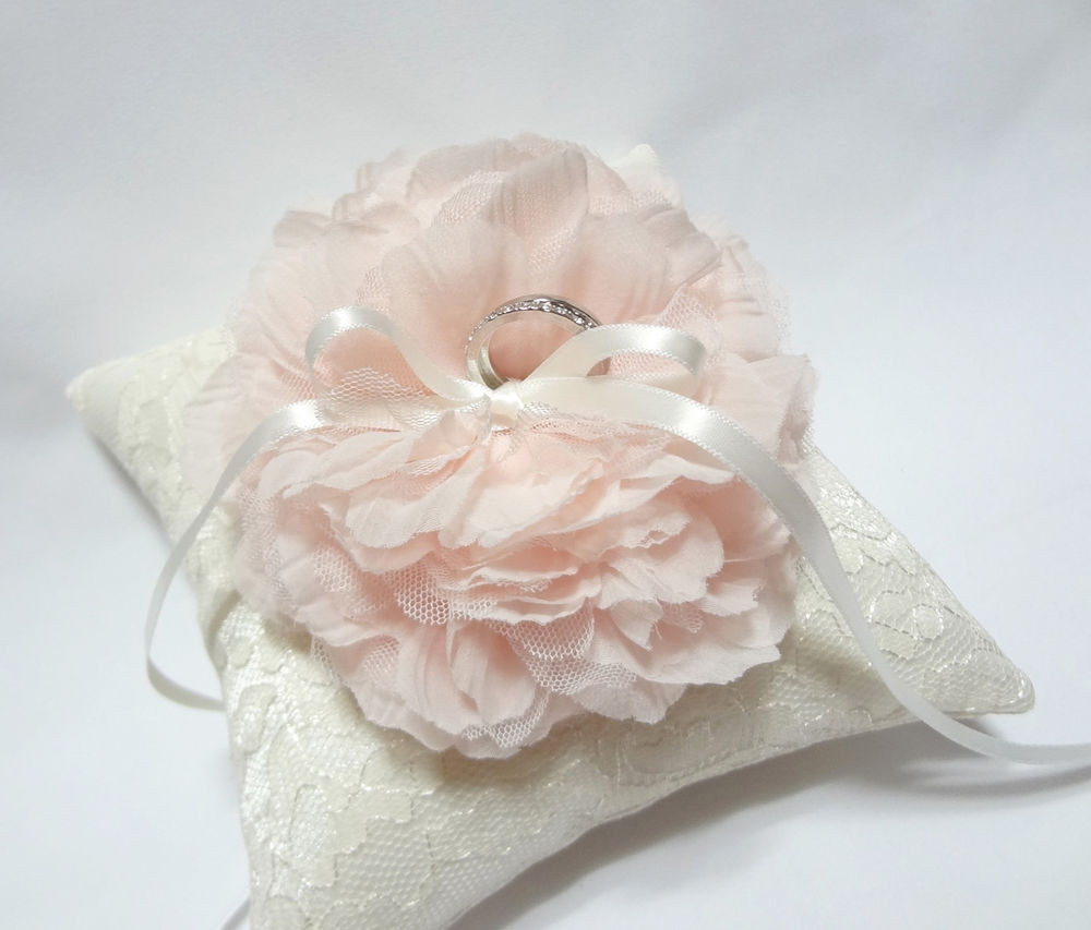 Wedding Ring Pillow
 Wedding ring pillow pink bloom on ivory lace pillow Handmade Ring bearer pillow