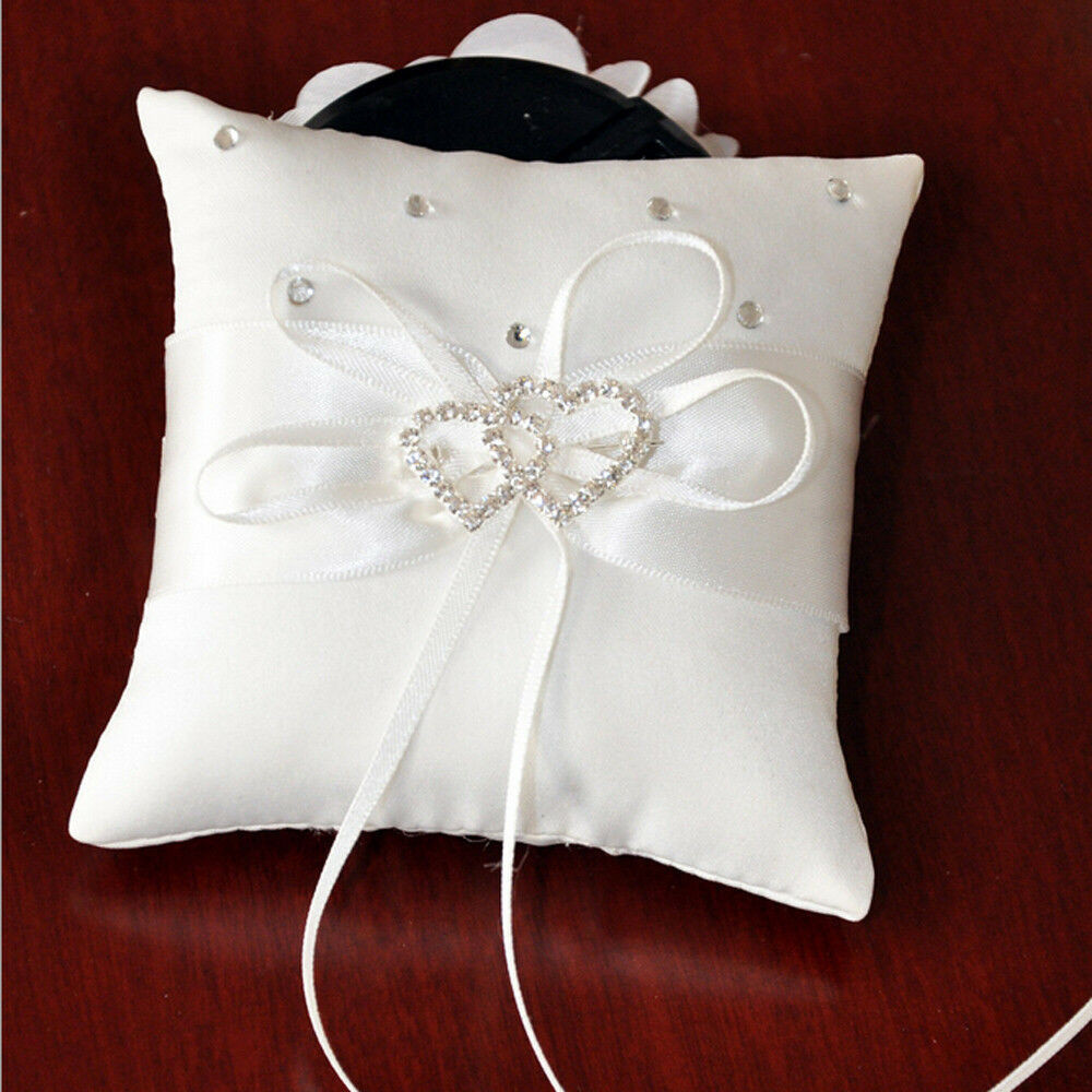 Wedding Ring Pillow
 White Double Heart Bridal Ring Bearer Pillow Wedding Party Crystal Rhinestone