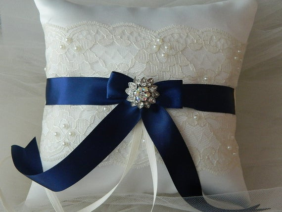 Wedding Ring Pillow
 Wedding Ring Bearer Pillow Navy Blue And Ivory by GartersByTania