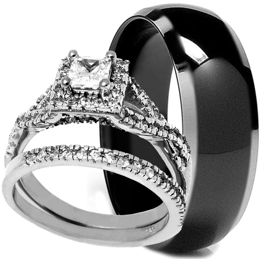 Wedding Ring Sets His And Hers
 His & Hers 3 PCS SOLID TITANIUM AND 925 STERLING SILVER