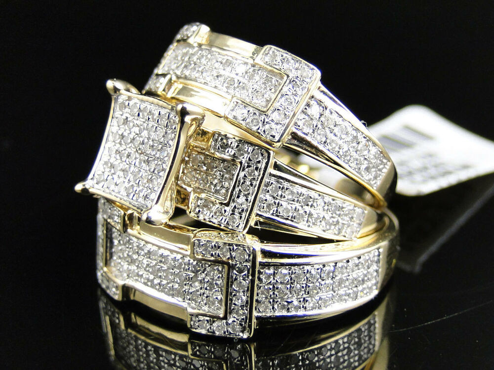 Wedding Ring Trio Sets
 14K Yellow Gold Round Cut Diamond Engagement Bridal