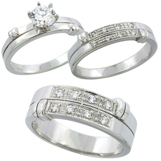 Wedding Rings Sets For Him And Her
 Buy Sterling Silver Cubic Zirconia Trio Engagement Wedding