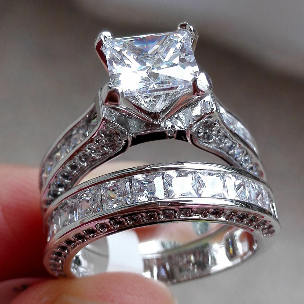 Wedding Rings Sets For Women
 Elegant Women 925 Silver Princess Cut White Topaz Ring Set