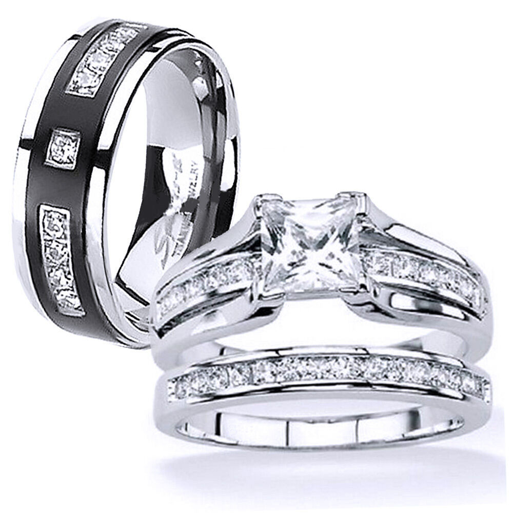 Wedding Rings Sets His And Hers For Cheap
 His and Hers Stainless Steel Princess Cut Wedding Ring Set