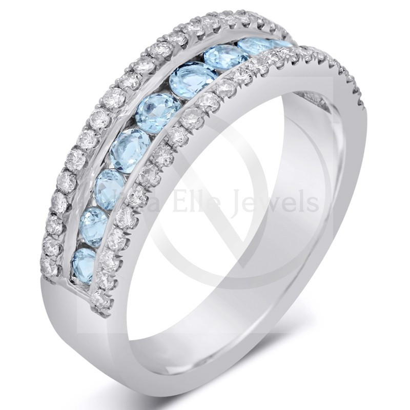 Wedding Rings Under 300
 Women s Round Cut Three Row Aquamarine & Diamonds Wedding Band