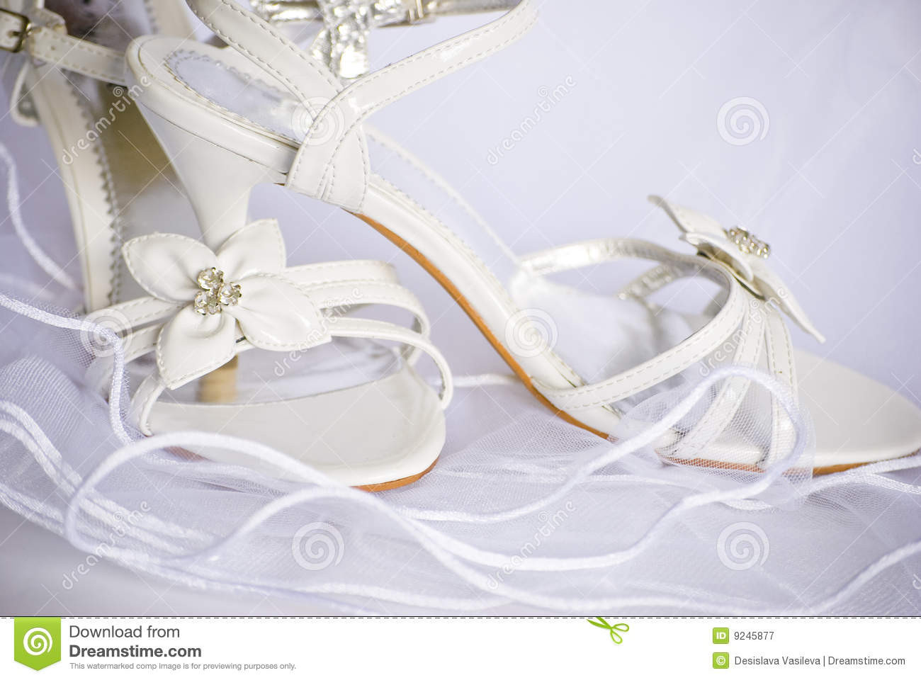 Wedding Shoes And Veils
 Wedding Shoes With Flowers Over Veil Royalty Free Stock