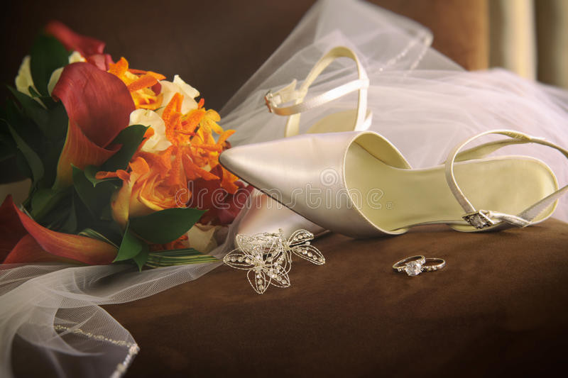 Wedding Shoes And Veils
 Wedding Shoes With Veil And Rings Stock Image of