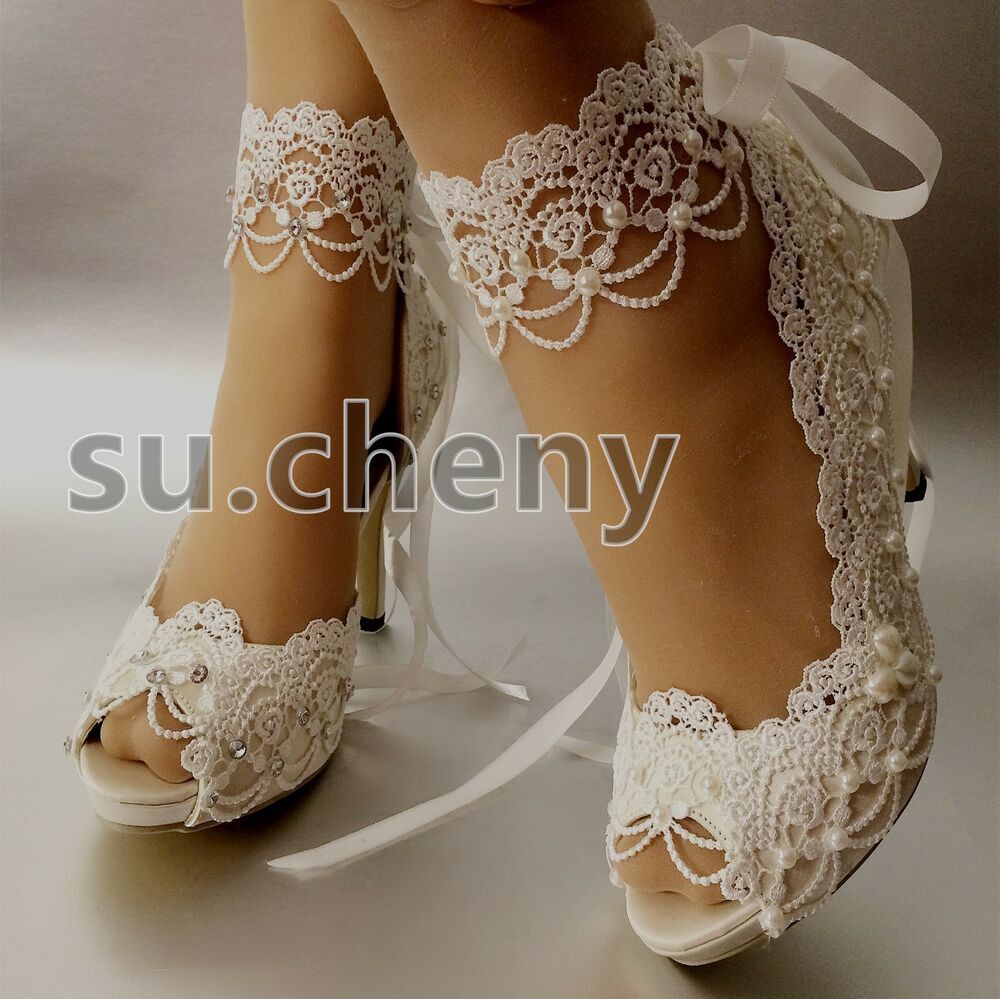 Wedding Shoes Bridal
 3" 4” heel white ivory satin lace ribbon open toe Wedding