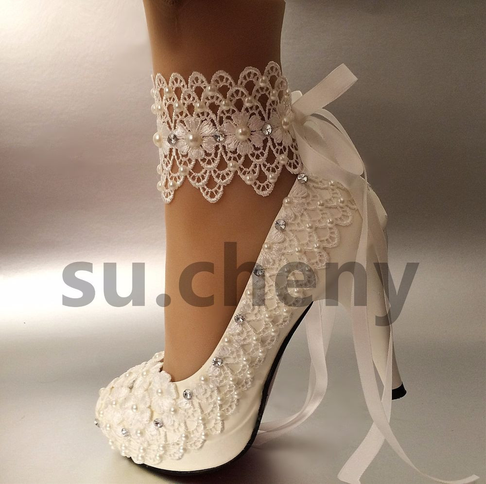 Wedding Shoes Bridal
 sueny 3"4 " heel white ivory lace ribbon pearls Wedding