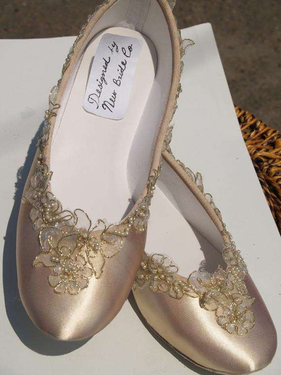 Wedding Shoes Bridal
 Champagne Wedding Flats Bridal Shoe elegantly gold trimmed