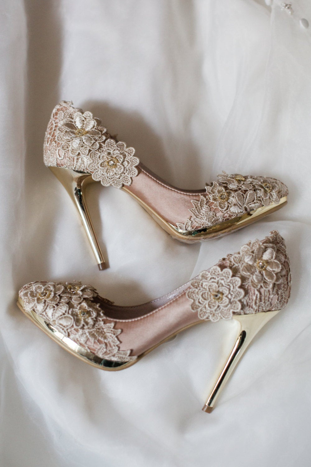 Wedding Shoes Bridal
 SALE Vintage Flower Lace Wedding Shoes with Champagne Gold