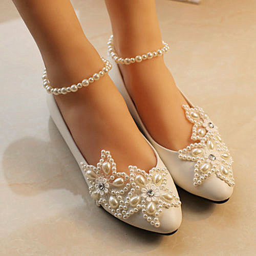 Wedding Shoes Size 12
 White lace Wedding shoes pearls ankle trap Bridal flats
