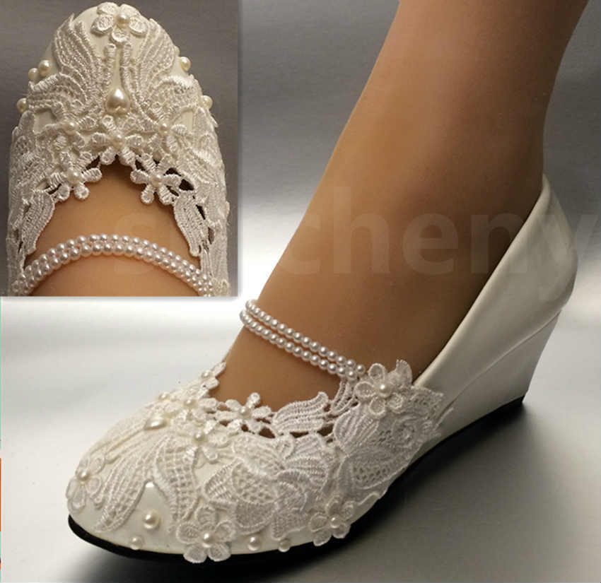 Wedding Shoes Size 12
 White light ivory lace Wedding shoes flat low high heel