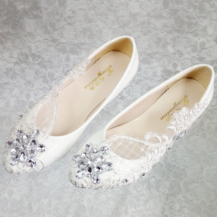 Wedding Shoes Size 12
 Lace white ivory crystal Wedding shoes Bridal flats low