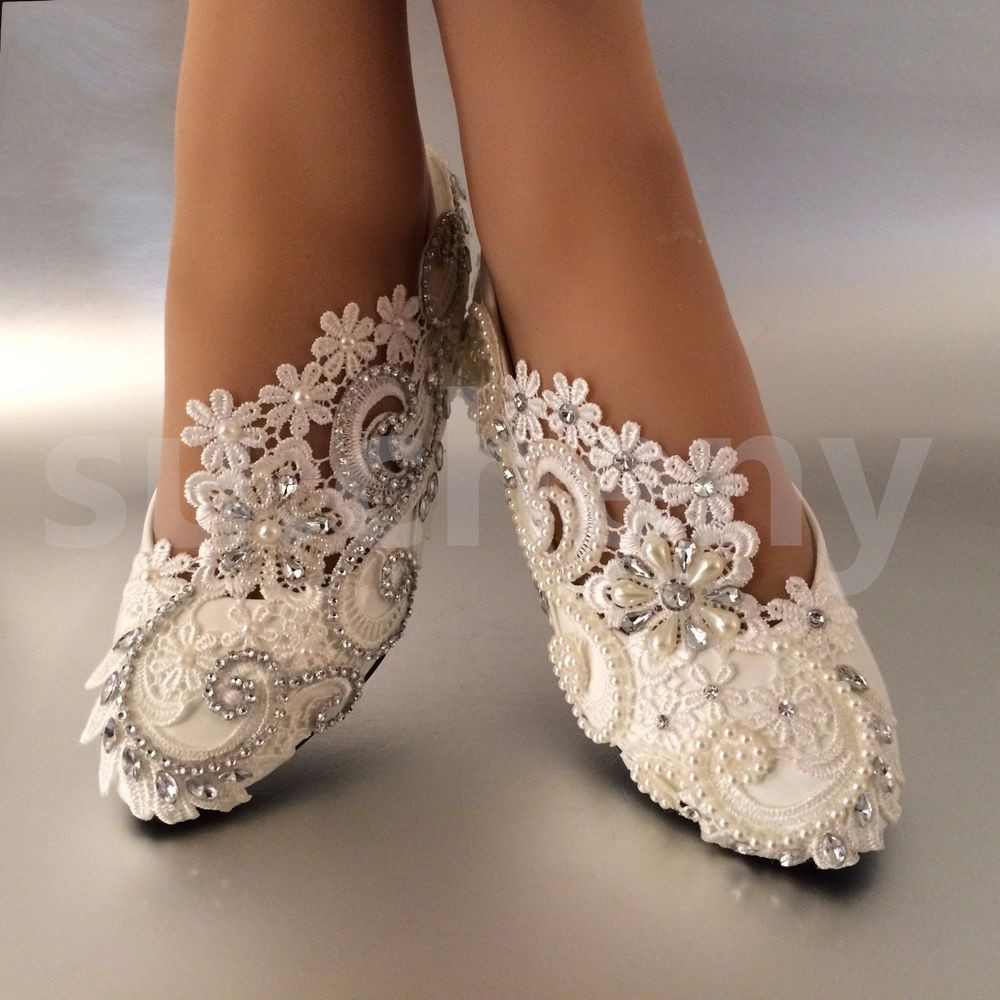 Wedding Shoes Size 12
 White ivory pearls lace crystal Wedding shoes flat