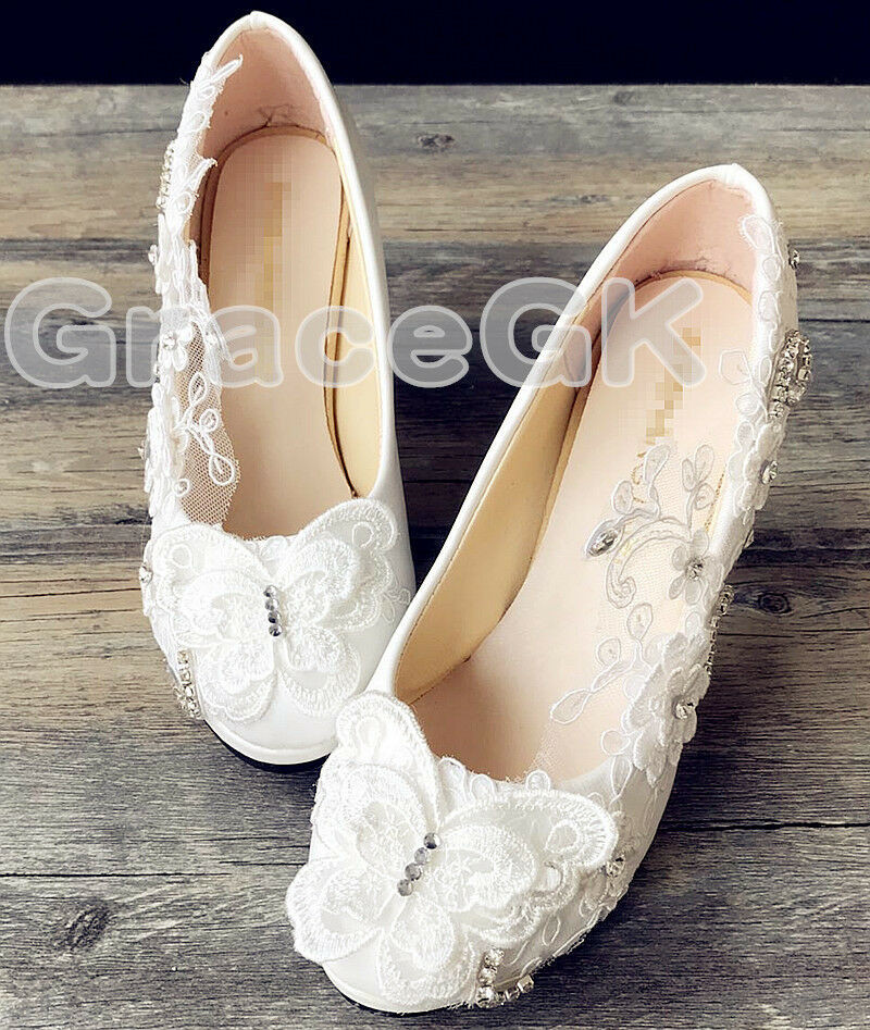 Wedding Shoes Size 12
 Lace white ivory crystal Wedding shoes Bridal flats low
