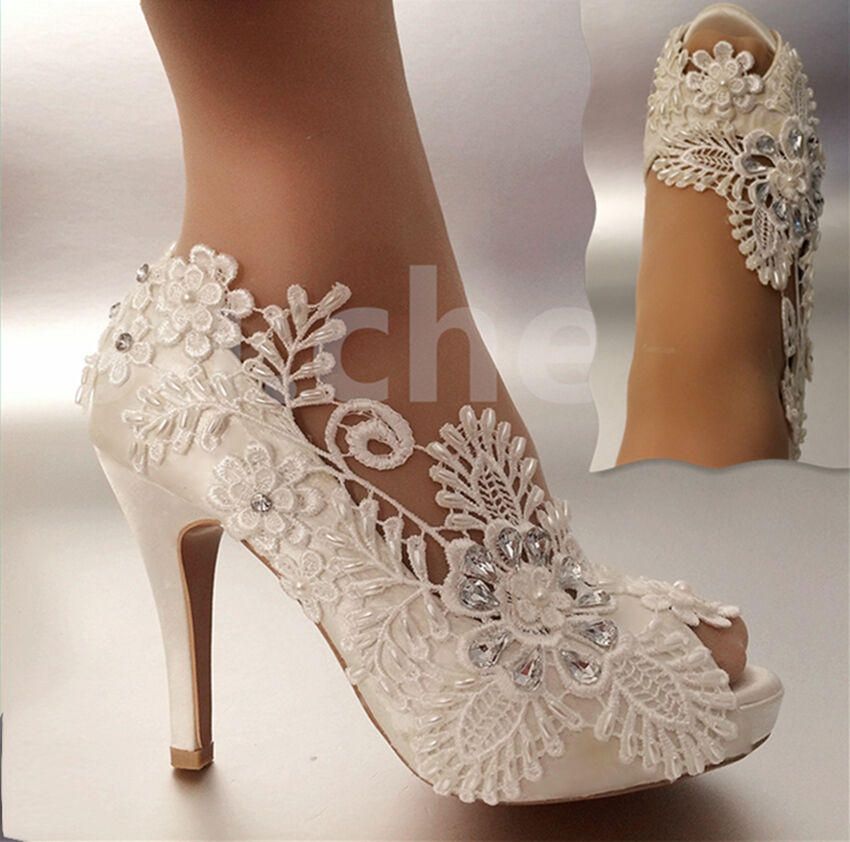 Wedding Shoes With Pearls
 3" 4" heel satin white ivory lace pearls open toe Wedding