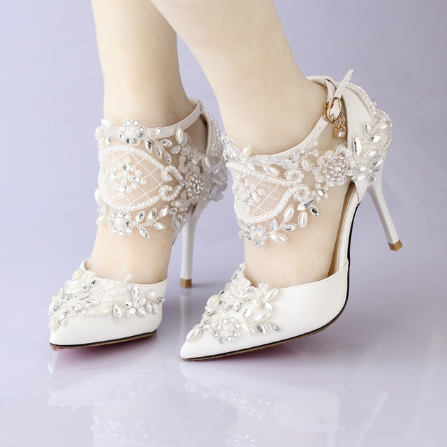 Wedding Shoes With Pearls
 Summer pointed lace pearl diamond high heeled wedding