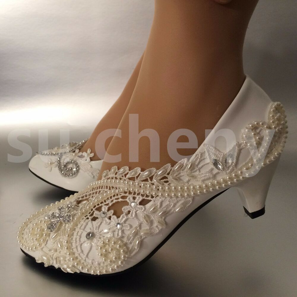 Wedding Shoes With Pearls
 2” low heel White ivory pearls lace crystal Wedding shoes