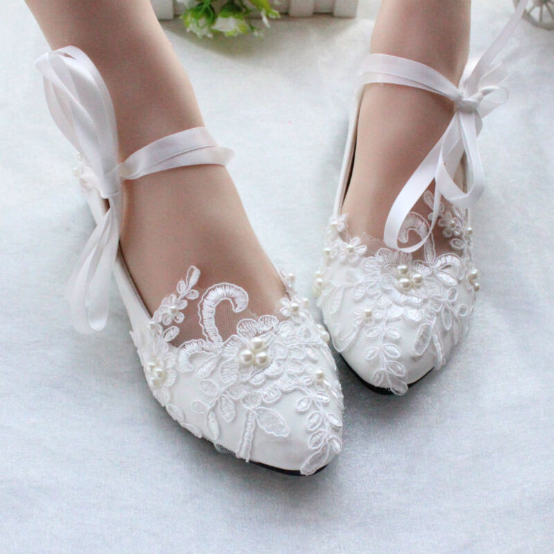 Wedding Shoes With Pearls
 Women Flats Pearls Lace Mary Jane Princess Wedding White