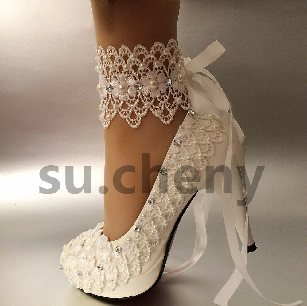 Wedding Shoes With Pearls
 3" 4 " heel white ivory lace ribbon ankle pearls Wedding