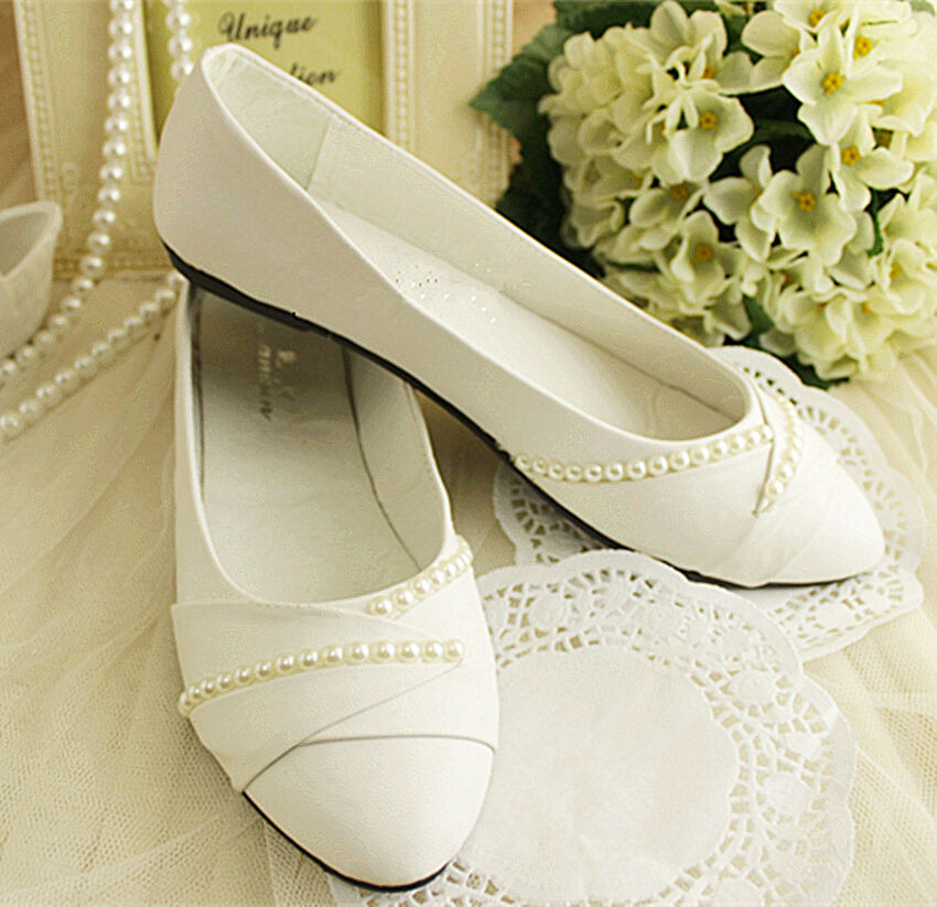 Wedding Shoes With Pearls
 Ivory white pearls flat ballet Wedding shoes Bridal pumps