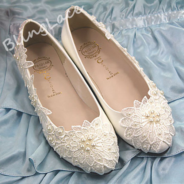 Wedding Shoes With Pearls
 Lace bridal pearls wedding shoes high heel low heel flat