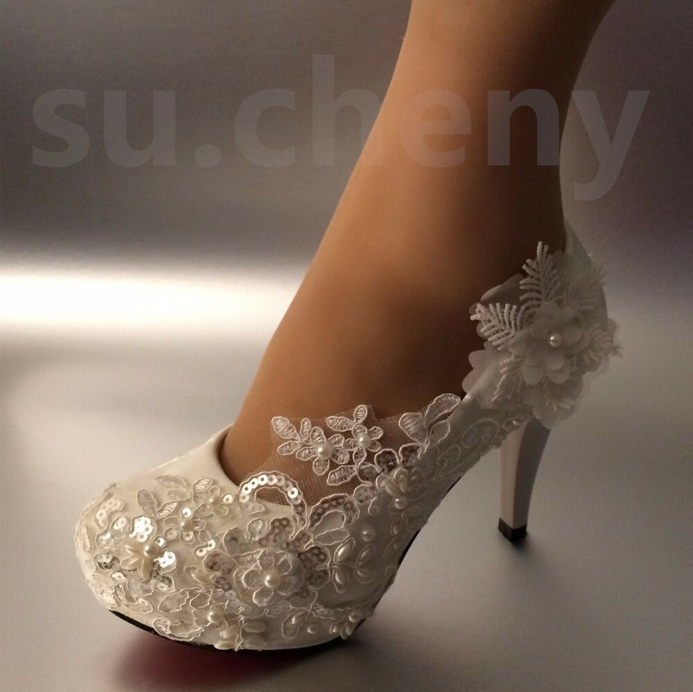 Wedding Shoes With Pearls
 sueny 3" 4 " heel white ivory lace pearls Wedding shoes