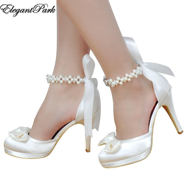 Wedding Shoes With Pearls
 Woman High Heel Wedding Shoes White Ivory Round Toe
