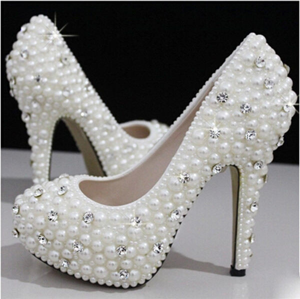 Wedding Shoes With Pearls
 Pearls Crystal Wedding shoes Bridal bridesmaids high heel