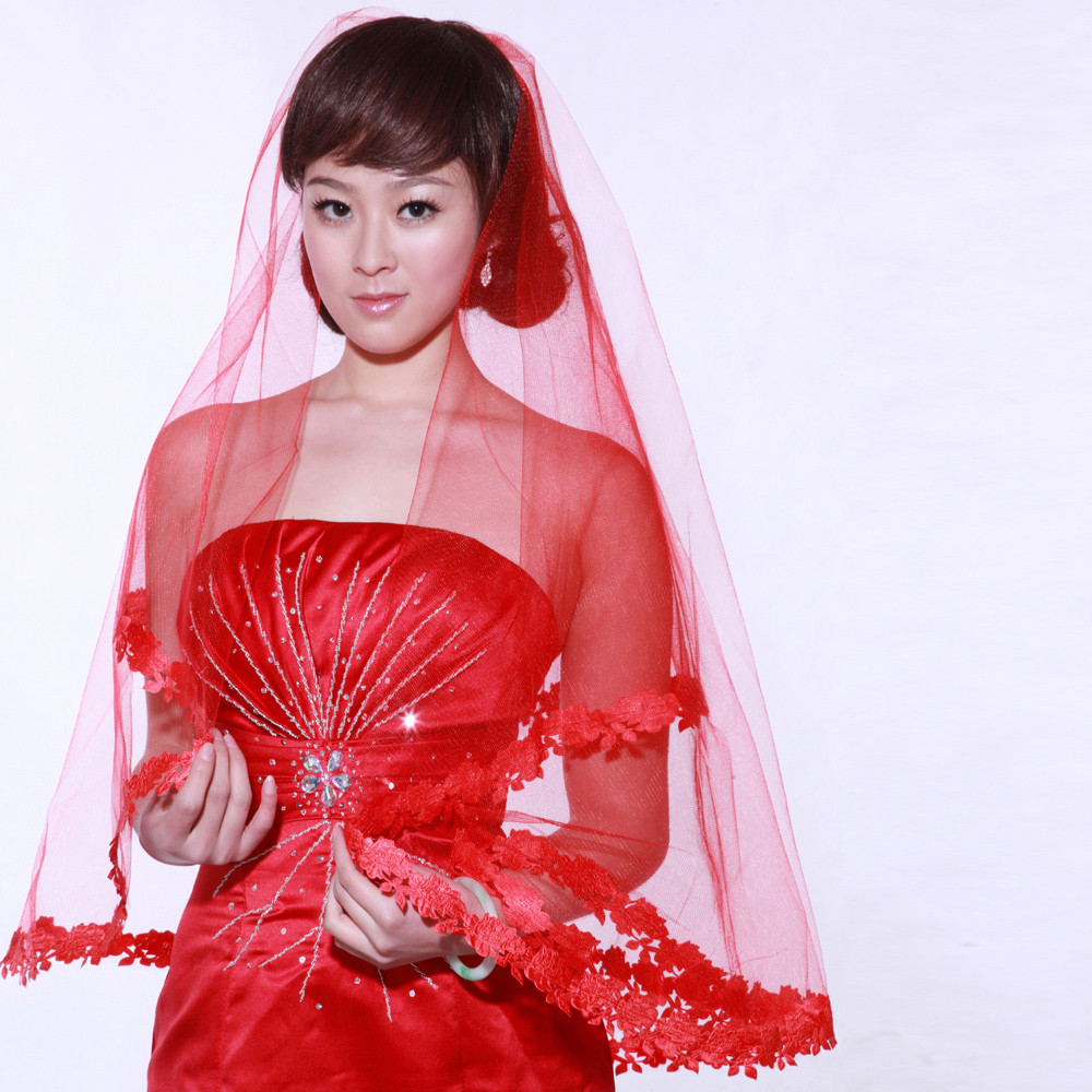 Wedding Veils China
 Modern Lace trim Red Gauze Wedding Veil GIFT
