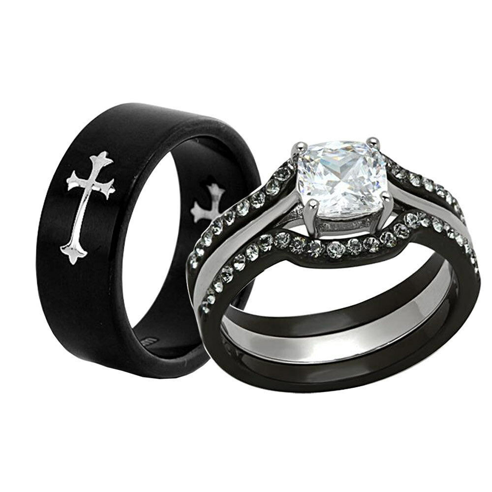 Weddings Rings
 His Hers Wedding Ring Set CZ Cubic Zirconia Black
