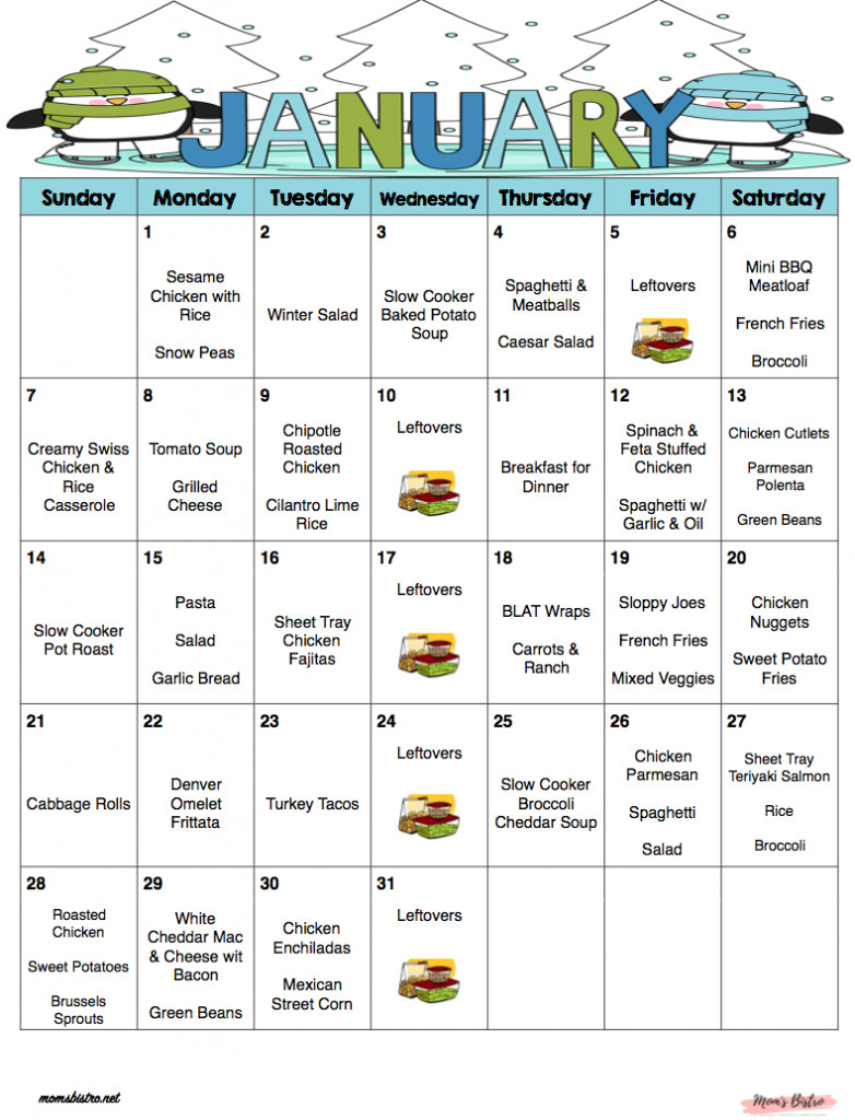 Weekly Dinner Menu Kid Friendly
 January 2018 Free Monthly Meal Plan Quick and Easy Kid