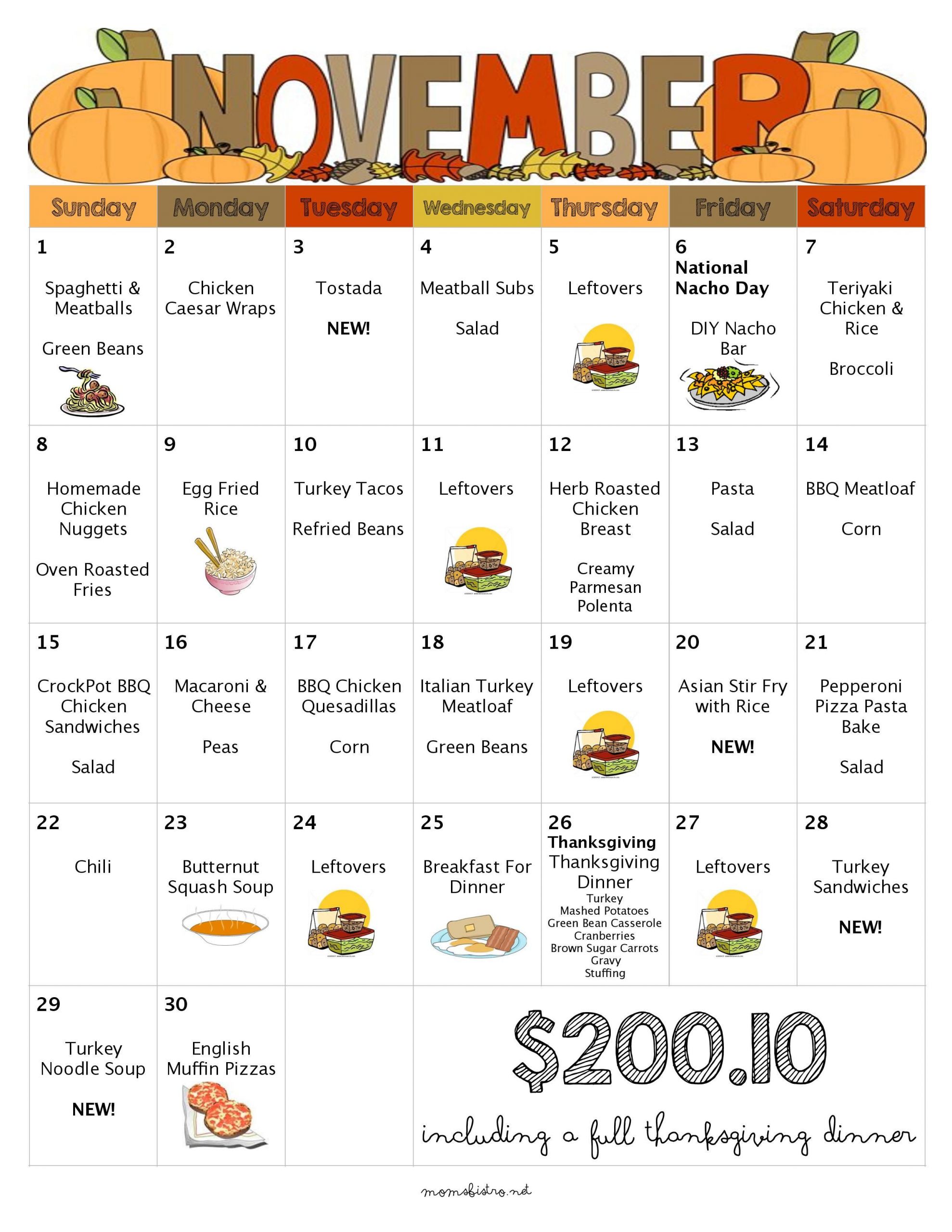 Weekly Dinner Menu Kid Friendly
 November Menu Free Printable Grocery List Thanksgiving