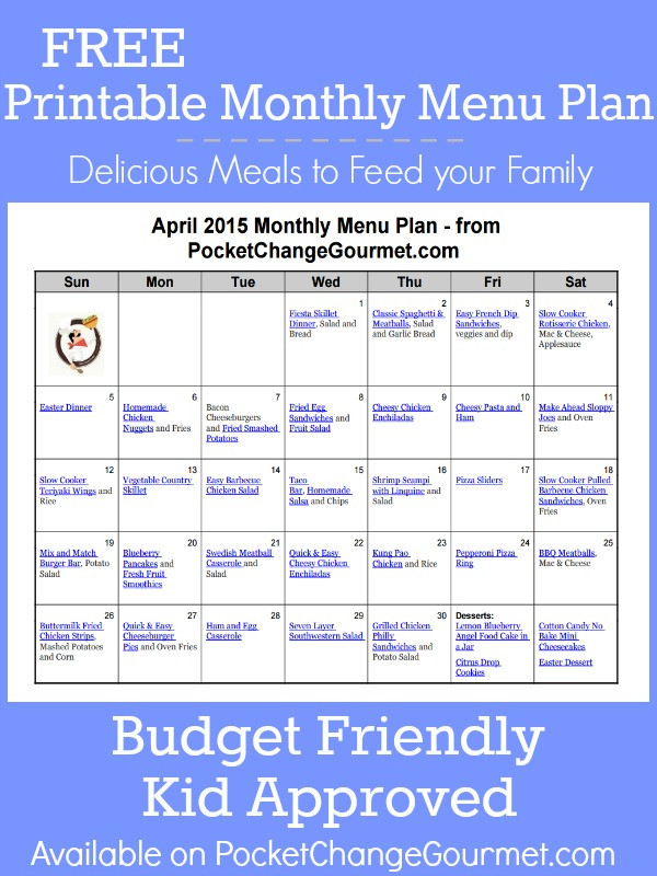 Weekly Dinner Menu Kid Friendly
 April Menu Plan 2015