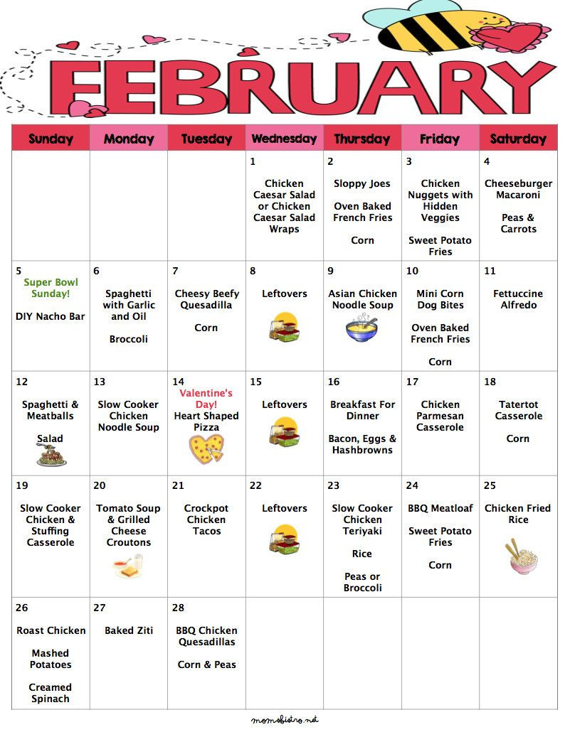 Weekly Dinner Menu Kid Friendly
 February 2017 Bud Menu Plan