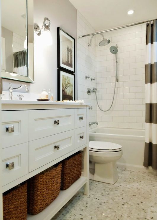 West Elm Bathroom Vanity
 Fun bright white and gray bathroom with West Elm Stripe