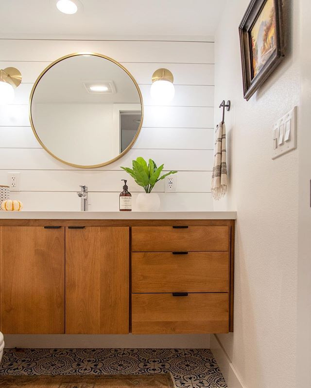 West Elm Bathroom Vanity
 Small bathroom remodel with white shiplap natural wood