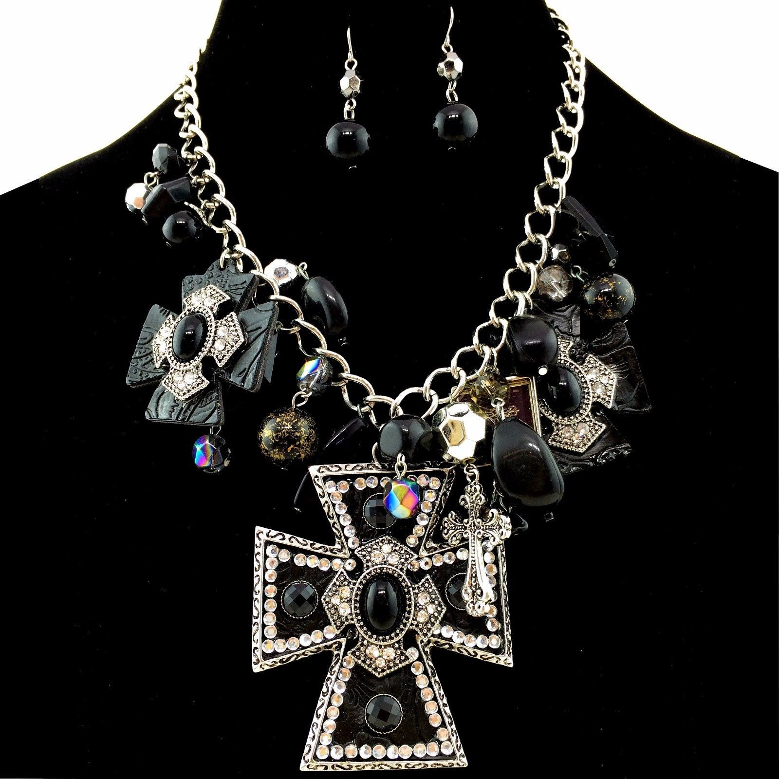 Western Cross Necklace
 Western Black Cross Pendant with Charms Necklace