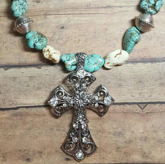 Western Cross Necklace
 Chunky Western Cross Necklace Color Turquoise Cream and