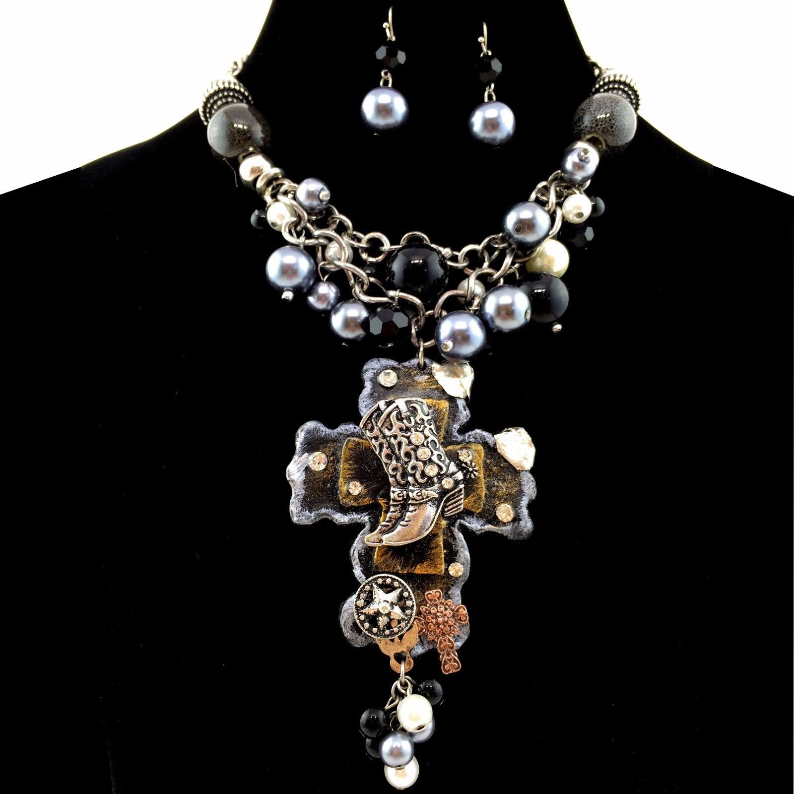 Western Cross Necklace
 Western Chunky Bubble Layered Necklace with Boots on Cross